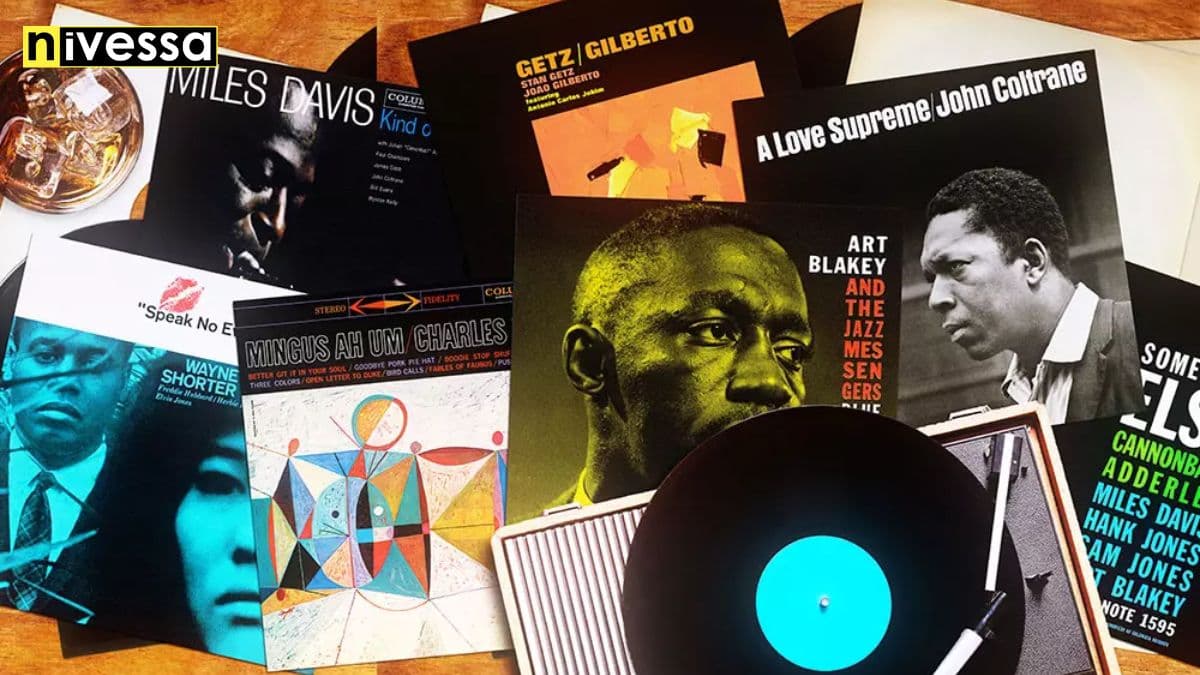 Stacked vinyl records on a shelf