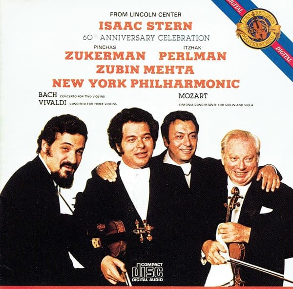 Isaac Stern, Pinchas Zukerman, Itzhak Perlman, Zubin Mehta, New York Philharmonic, Johann Sebastian Bach, Antonio Vivaldi, Wolfgang Amadeus Mozart – 60th Anniversary Celebration vinyl cover art
