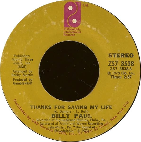 Billy Paul – Thanks For Saving My Life vinyl cover art