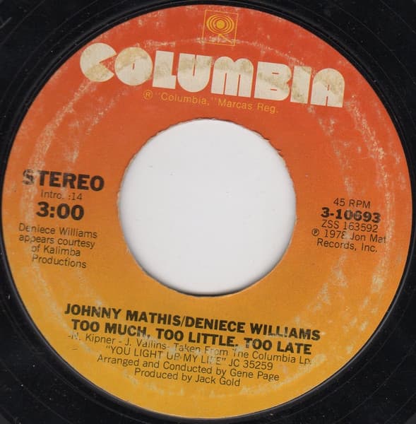 Deniece Williams Johnny Mathis – Too Much, Too Little, Too Late vinyl cover art